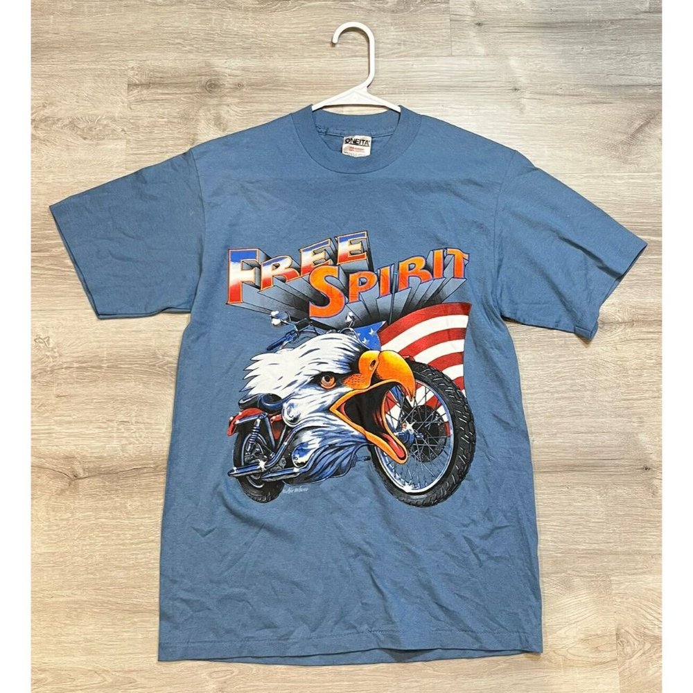 Free Spirit Shirt Short Sleeve Crew Neck Motorcycle Biker American Flag Eagle M‎